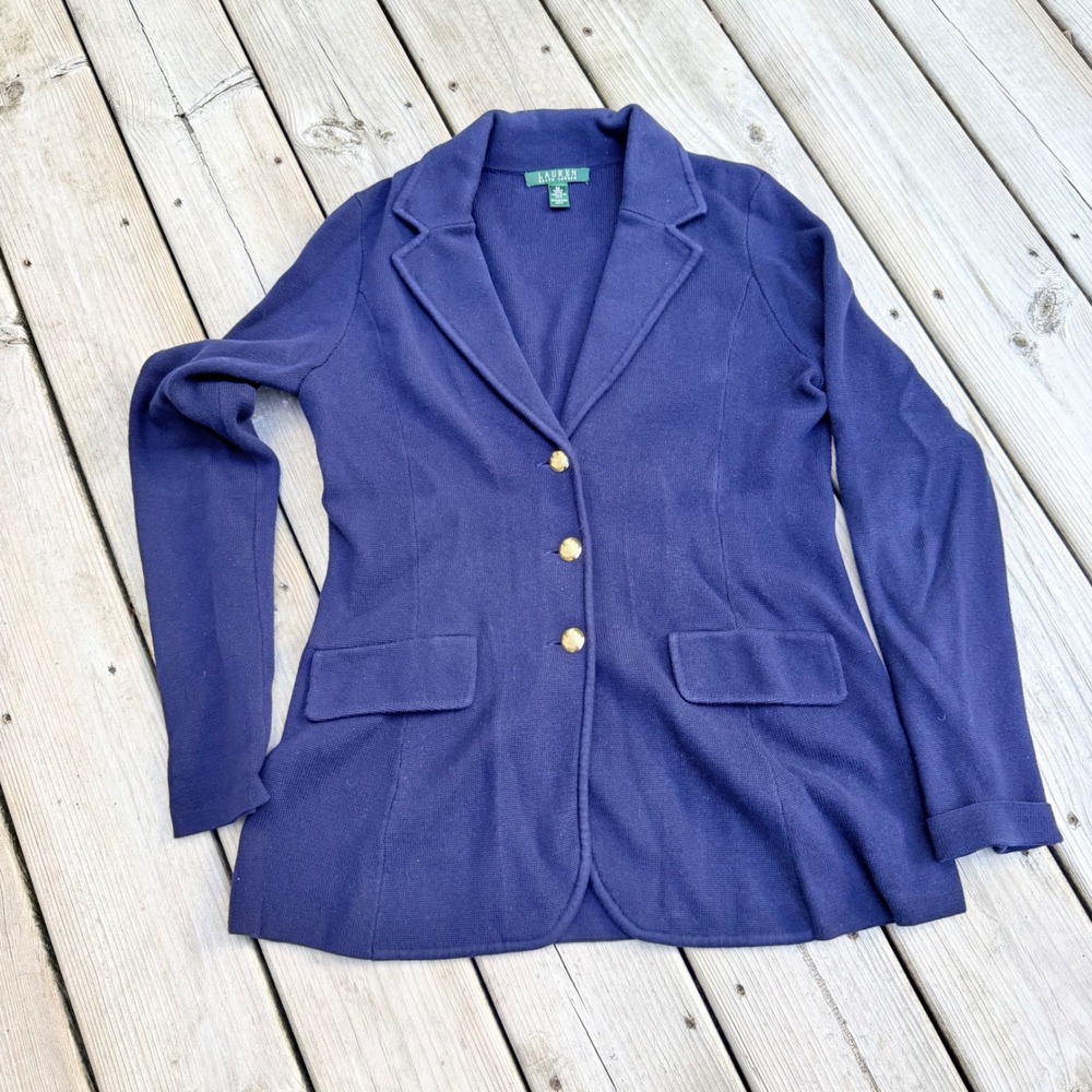 Lauren Ralph Lauren Womens Navy Blue Knit Blazer Gold Crest Button Jacket M